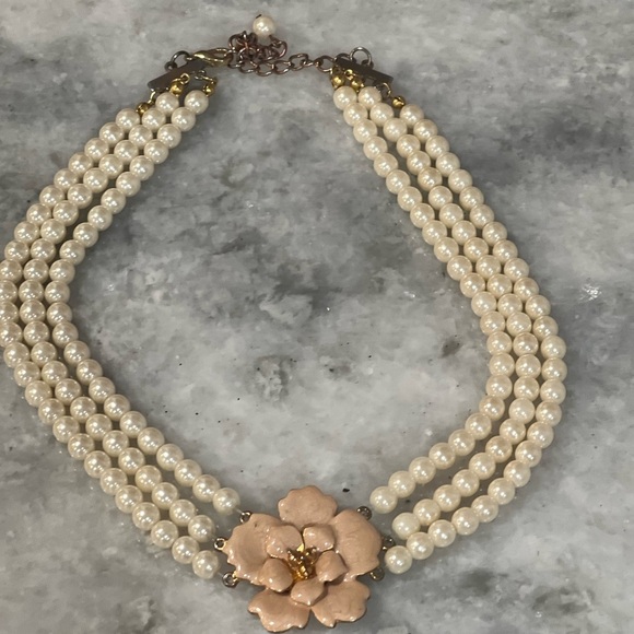 Faux Pearl Triple Strand Collar Enamel Beige Rose Fashion Necklace 14 in. - Picture 3 of 6